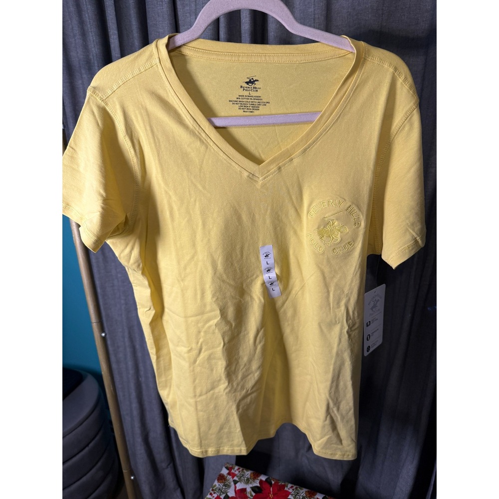Beverly Hills Polo Club Womens V-Neck T-Shirt Yellow Short‎ Sleeve Stretch Large